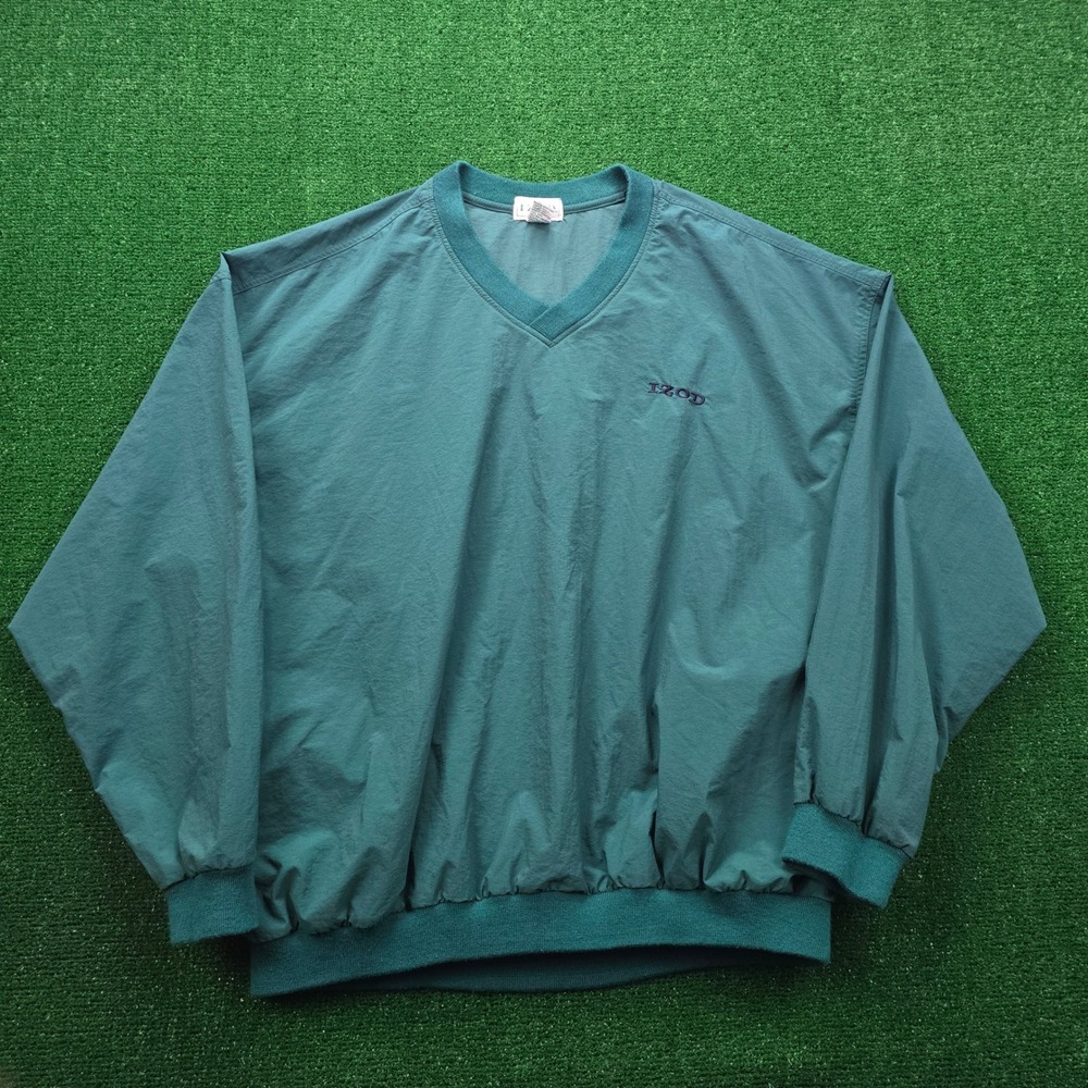 Izod Windbreaker Jacket Mens XL Green Vintage V-Neck Nylon‎ Golf Pullover Preppy